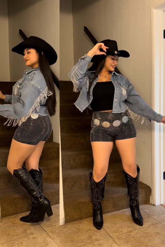 Fringe Denim Jacket With Rhinestone Oversize