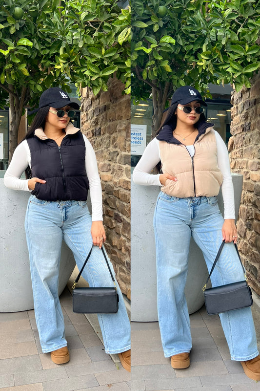 Winter Fashion Reversible Puffer Vest Black/ Beige