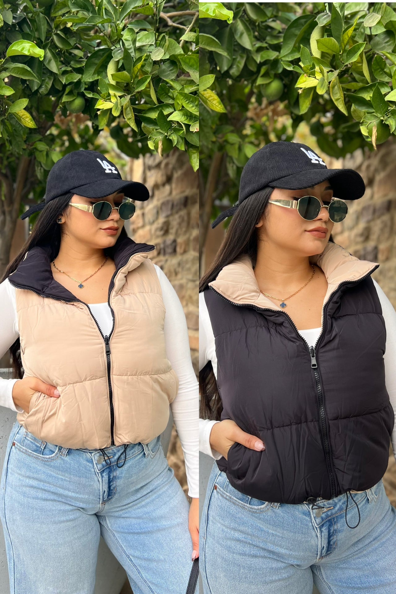 Winter Fashion Reversible Puffer Vest Black/ Beige