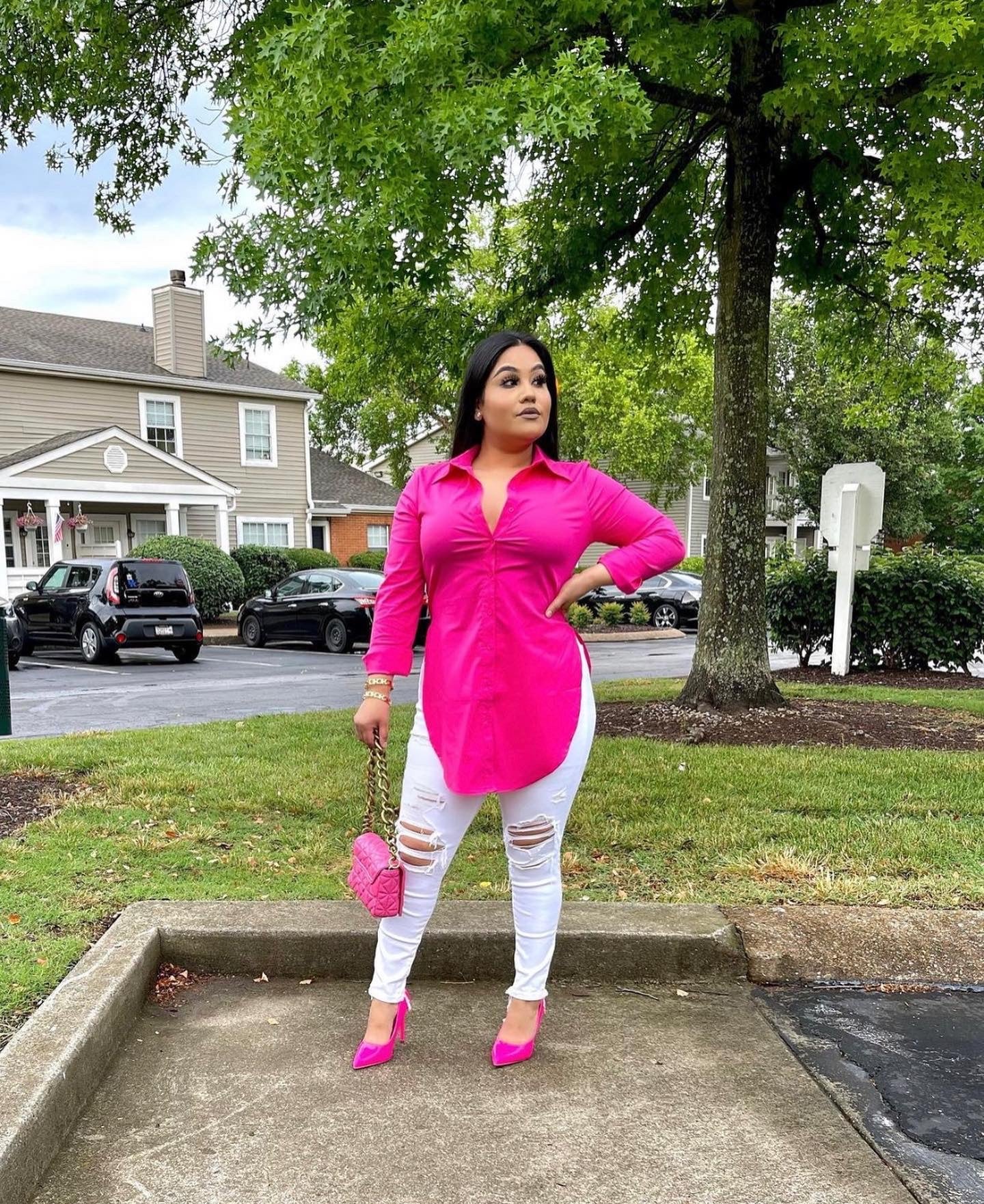 Business Girl Button Down Shirt - Fuchsia