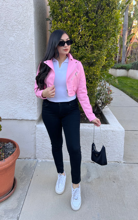 Baby pink 2025 jacket outfit